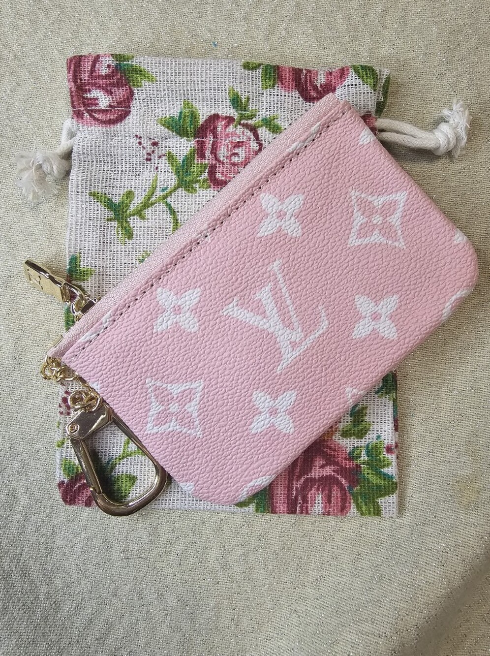 Pink & White Key and Coin Pouch with Gold Hardware